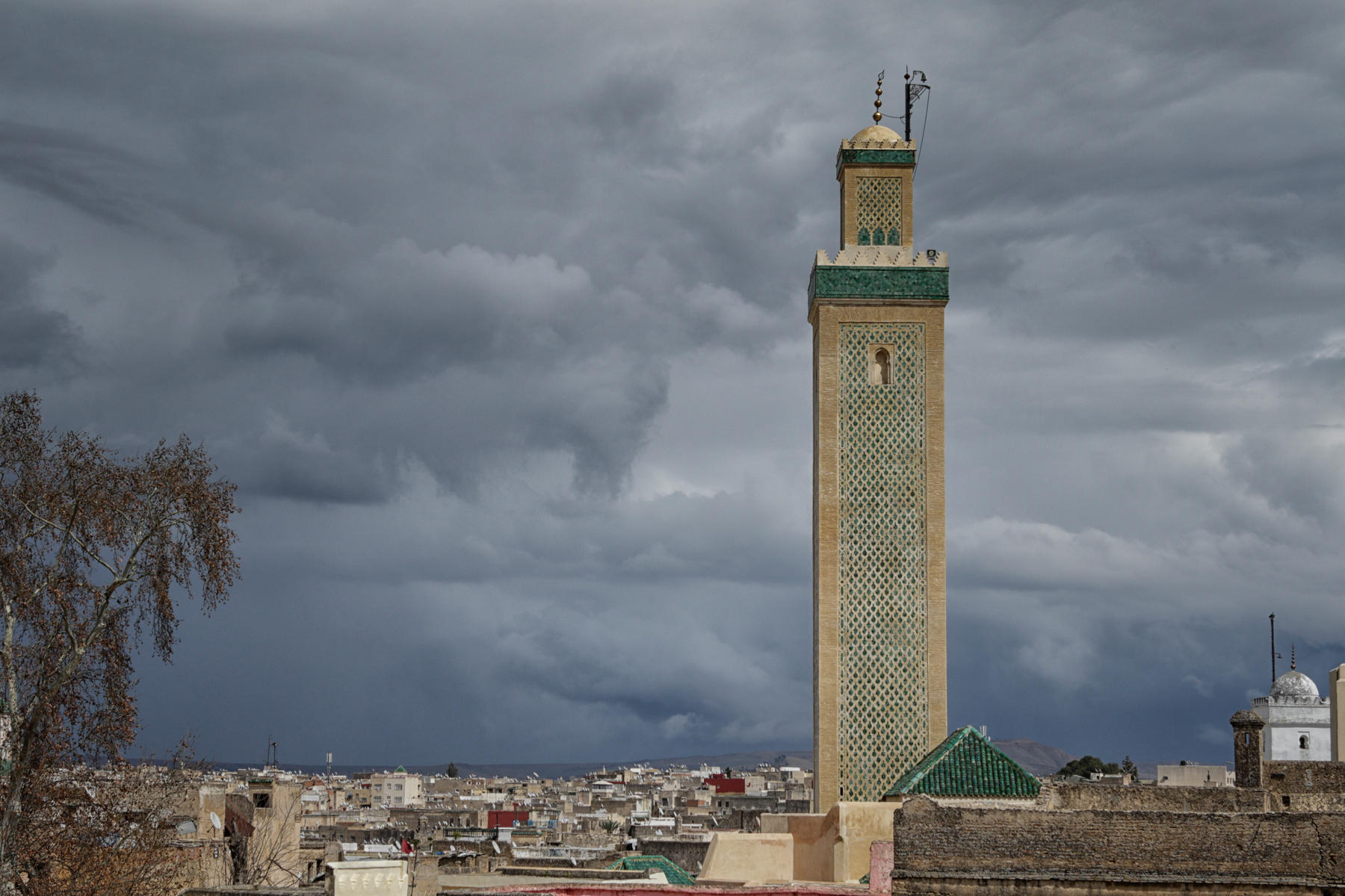Rooftop View, Nejjarine Museum<br />Minaret, Bou Inania  Medersa, Fes<br />3022